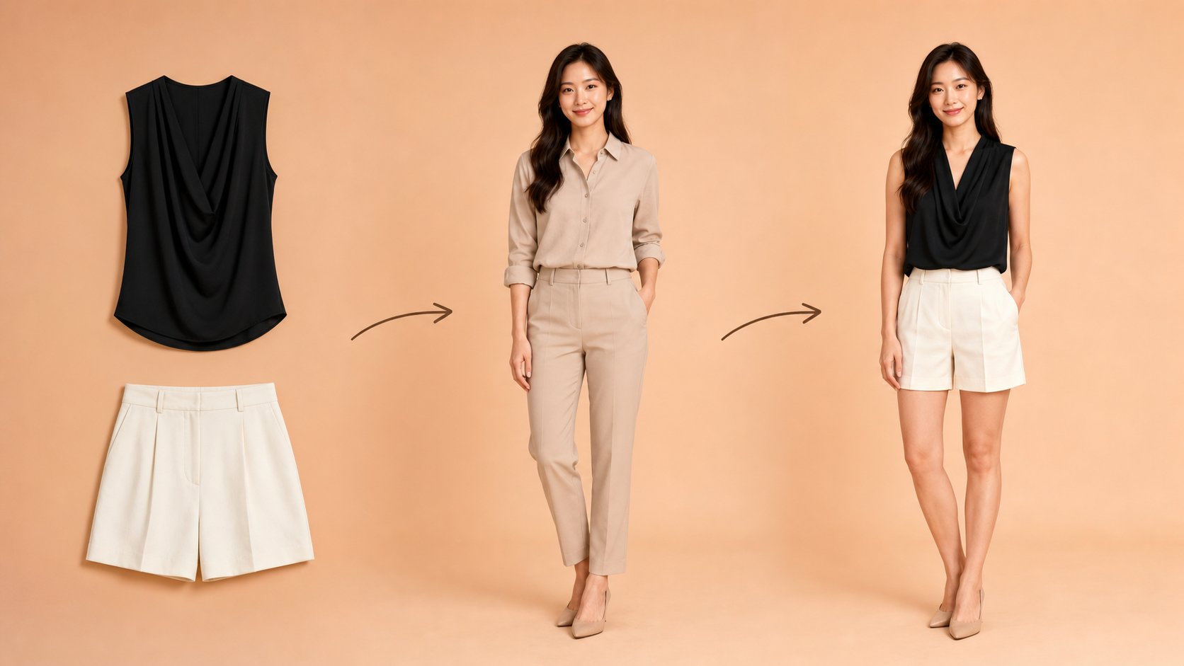AI 商品换装示例:服装图、模特图与自然试穿结果
